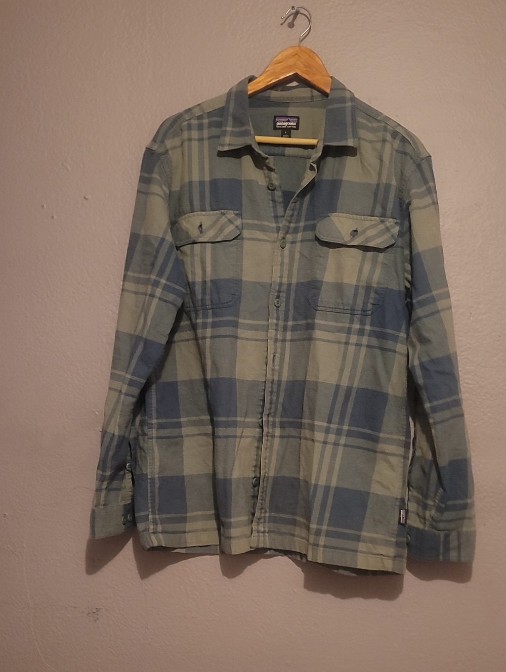 Patagonia Men's Blue and Green Plaid Button-Down Shirt